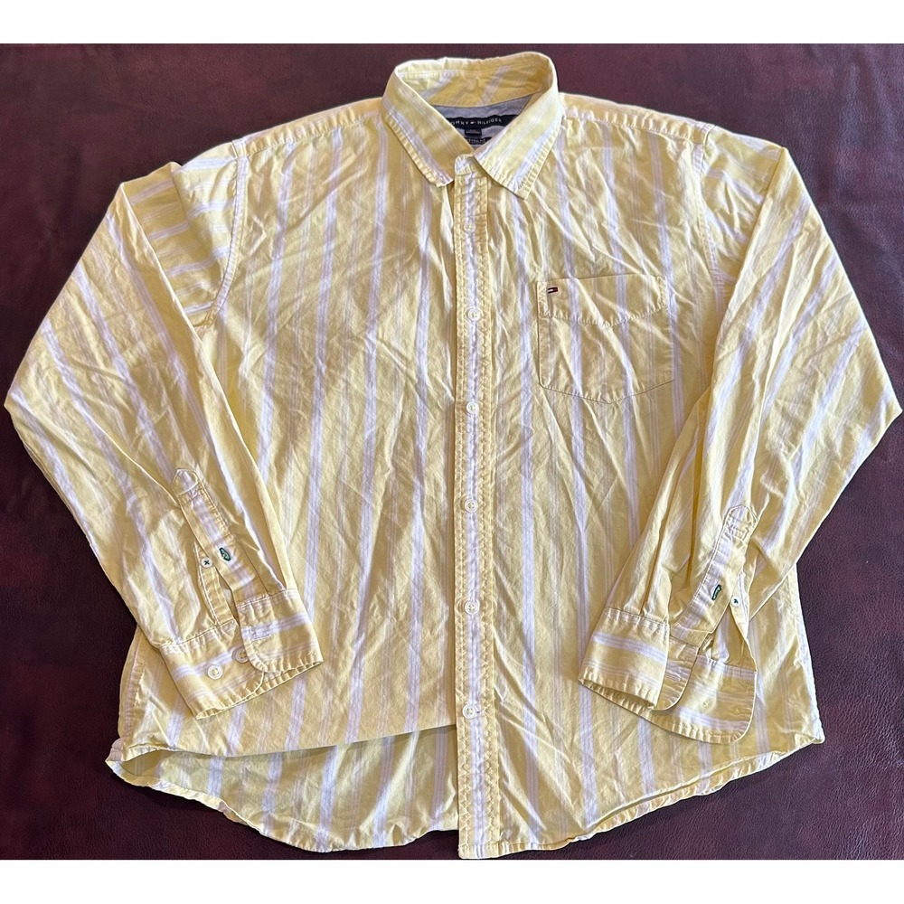 Tommy Hilfiger Mens Custom Fit Striped Button Down Shirt Yellow White Large